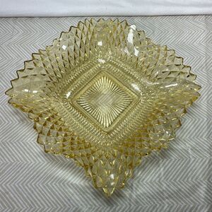 Vintage Indiana Glass Amber‎ Diamond Point Ruffled Edge Candy Dish 7"